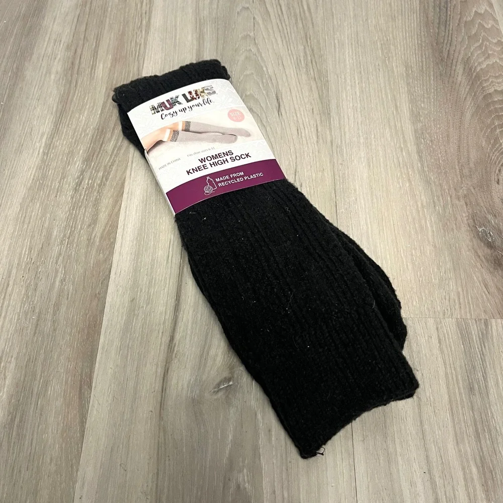 Muk Luks Black Cable Knit Recycled Plastic Knee‎ High Socks in One Size NWT